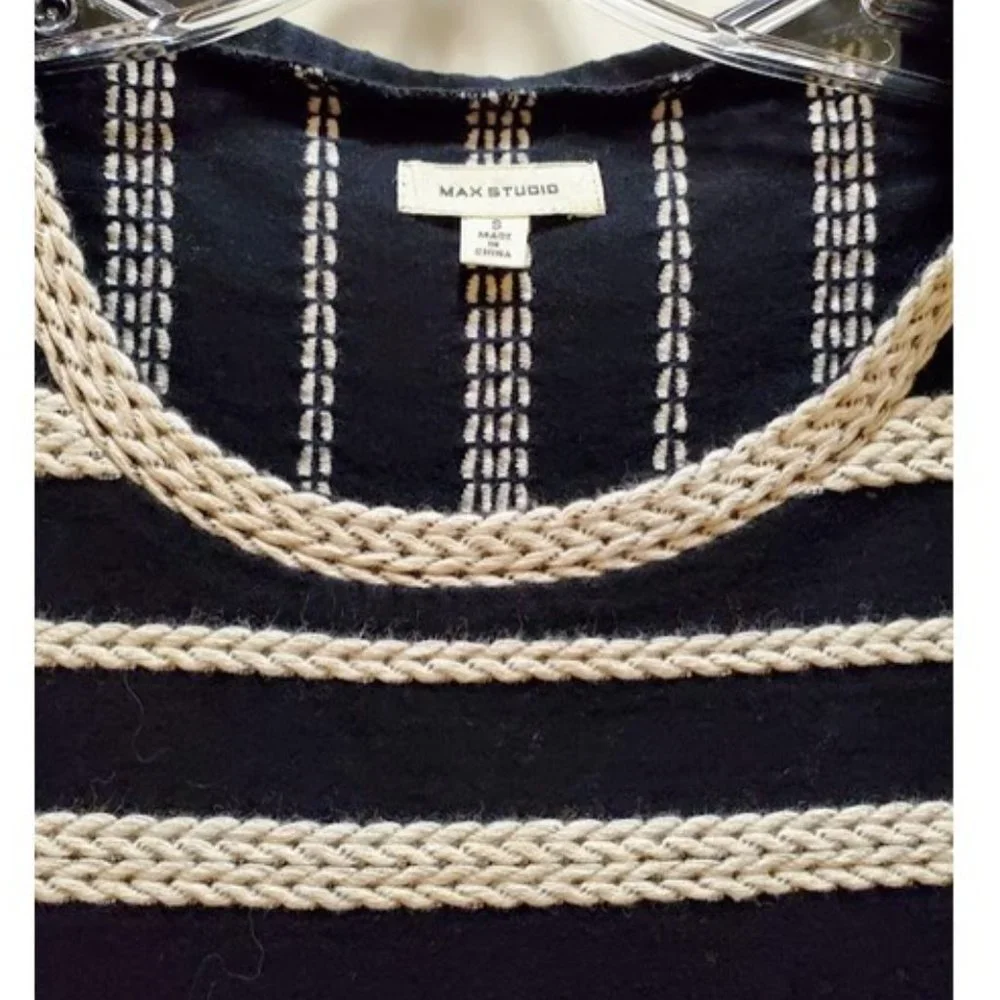 Max Studio Black Sleeveless Comfy Cotton Dress Nautical Braided Stripes Size S - Picture 4 of 6